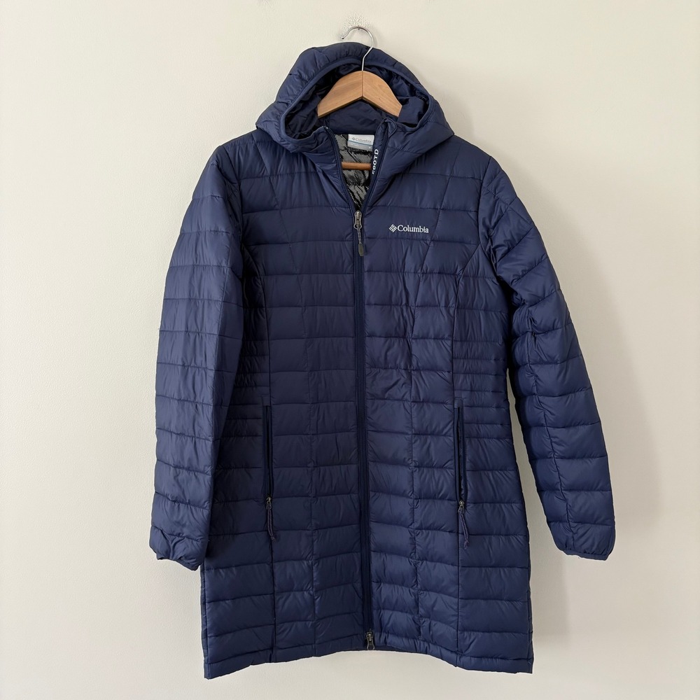 Columbia Puffer Jacket TurboDown 590TD Medium Navy Blue Hooded Parka Omni-Heat
